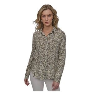 DKNY Jeans Ditsy Floral Button Down High-Lo Shirt Size XL Olive Green Muted Tone
